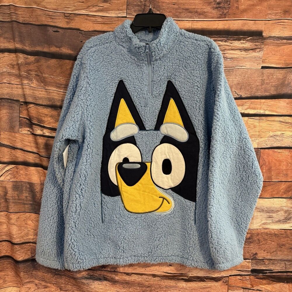 BLUEY Men's M Blue Sherpa Quarter Zip Pullover Sweatshirt Ludo Studio